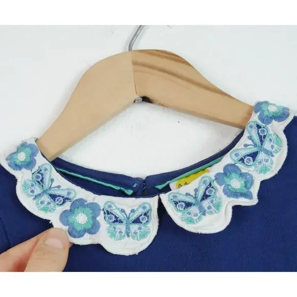 Mini Boden Girls Dress 6 7 Y Blue Cotton Short Sleeve Embroidered Collar Floral - Picture 2 of 7